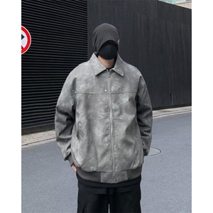 美式复古翻领皮衣男春季新款潮牌宽松夹克休闲外套LW93099-P78图片