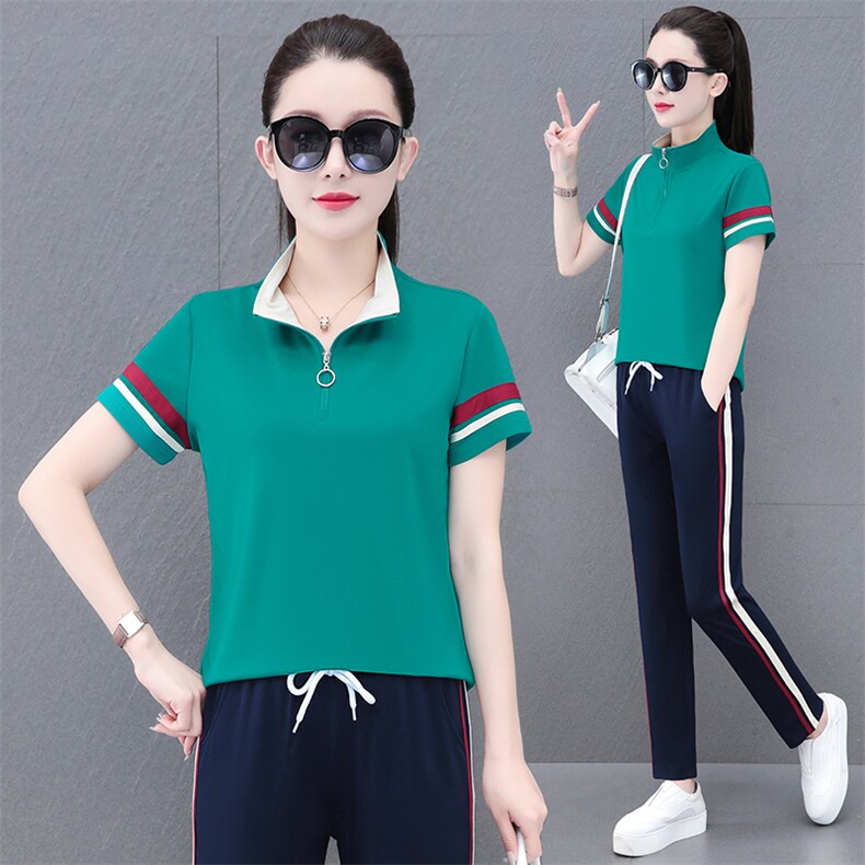 燕颉运动服套装女2023夏天薄款翻领长裤两件套韩版休闲中年妈妈装,女装运动套装,燕颉服饰