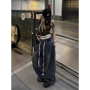 美式立体裁剪弯刀裤水洗做旧百搭拼接腰头拖地阔腿长裤XA373图片