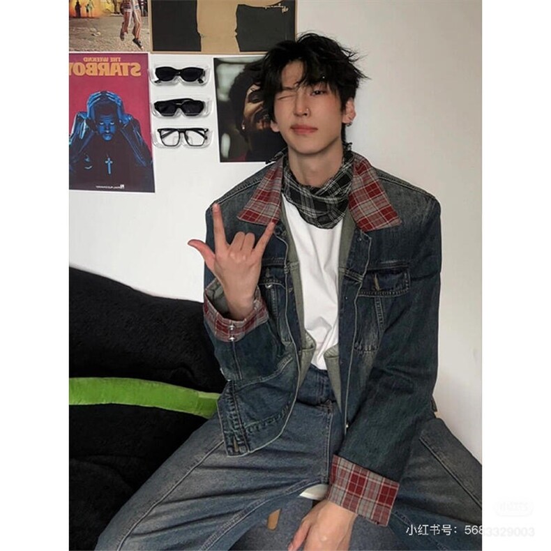 网图现货-TZ08-P155抖音复古水洗牛仔外套美式潮流牛仔套装,男装工装外套,电商B327