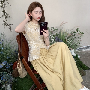 新中式国风改良旗袍连衣裙女2025夏季新款复古气质假两件刺绣长裙图片
