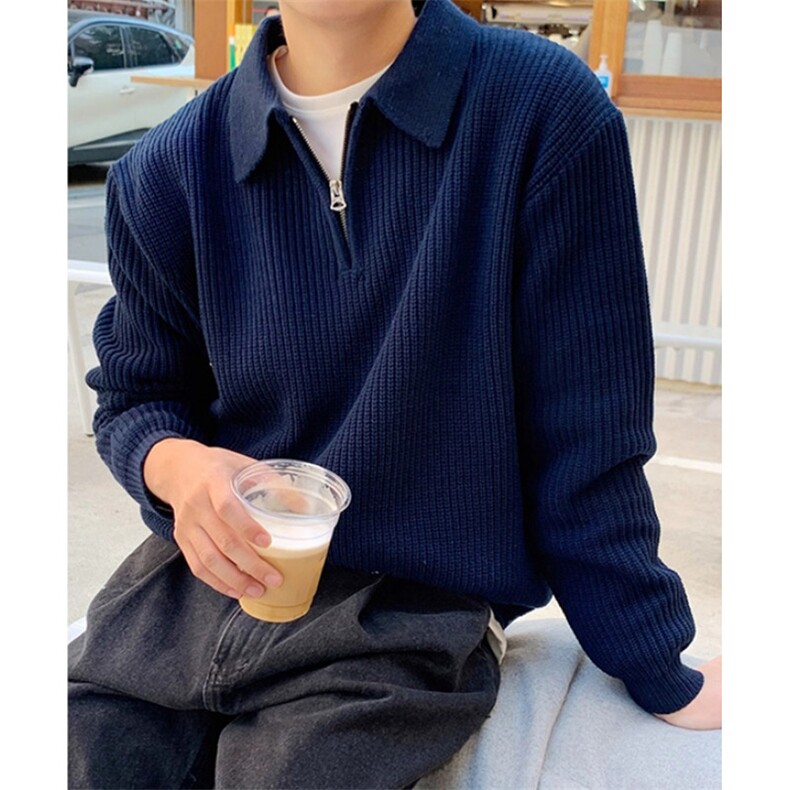 松弛感简约风Polo领毛衣男秋冬鹿毛绒半拉链宽松针织毛衫 MMY33图片