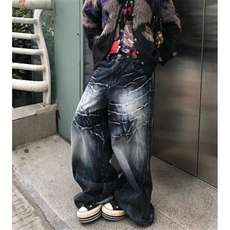 美式高街扎染阔腿牛仔裤男女bf慵懒风夏季薄款拖地长裤NA278，男装牛仔裤，星座1116A（原606A-3）