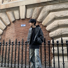春秋季假两件双拉链设计感连帽棒球夹克外套宽松街头风上衣，男装皮衣，星座1210-1