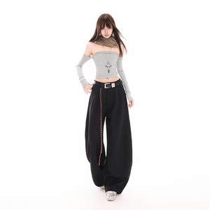 杏色休闲裤女2026新款春季直筒阔腿高腰垂感弯刀西装裤YD9084-P75图片