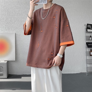 T10137-特批33  控68 开口笑高品质夏季大码短袖破洞潮流百搭T恤图片