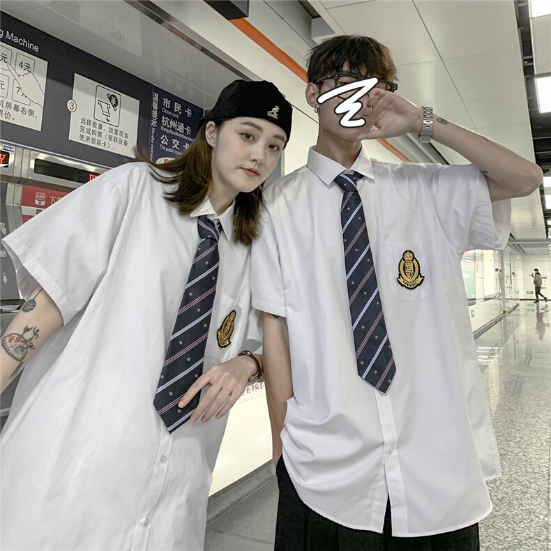 现货DK制服男JK短袖衬衫徽章情侣装衬衣领带元学生班服,男装T恤,电商A426-1(原A430-1)