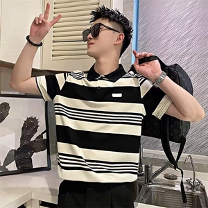 2025新款条纹polo衫男士夏季t恤潮牌高级感短袖衣服痞帅翻领T恤图片