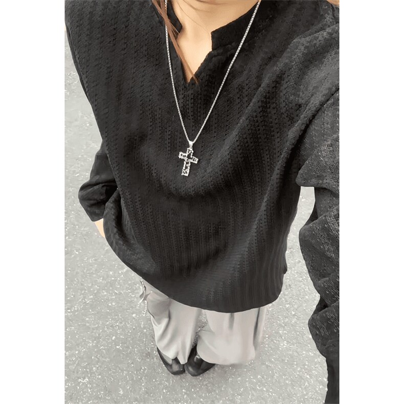 美式高街千鸟格子长袖T恤男女亨利V领英伦雅痞休闲宽松长袖打底衫，男装T恤，电商A486