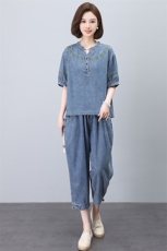 夏季薄款牛仔套装女2025新款时尚宽松中年妈妈显瘦洋气减龄两件套，女装套装/套裙，悦见她