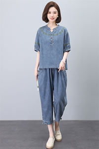 夏季薄款牛仔套装女2025新款时尚宽松中年妈妈显瘦洋气减龄两件套图片