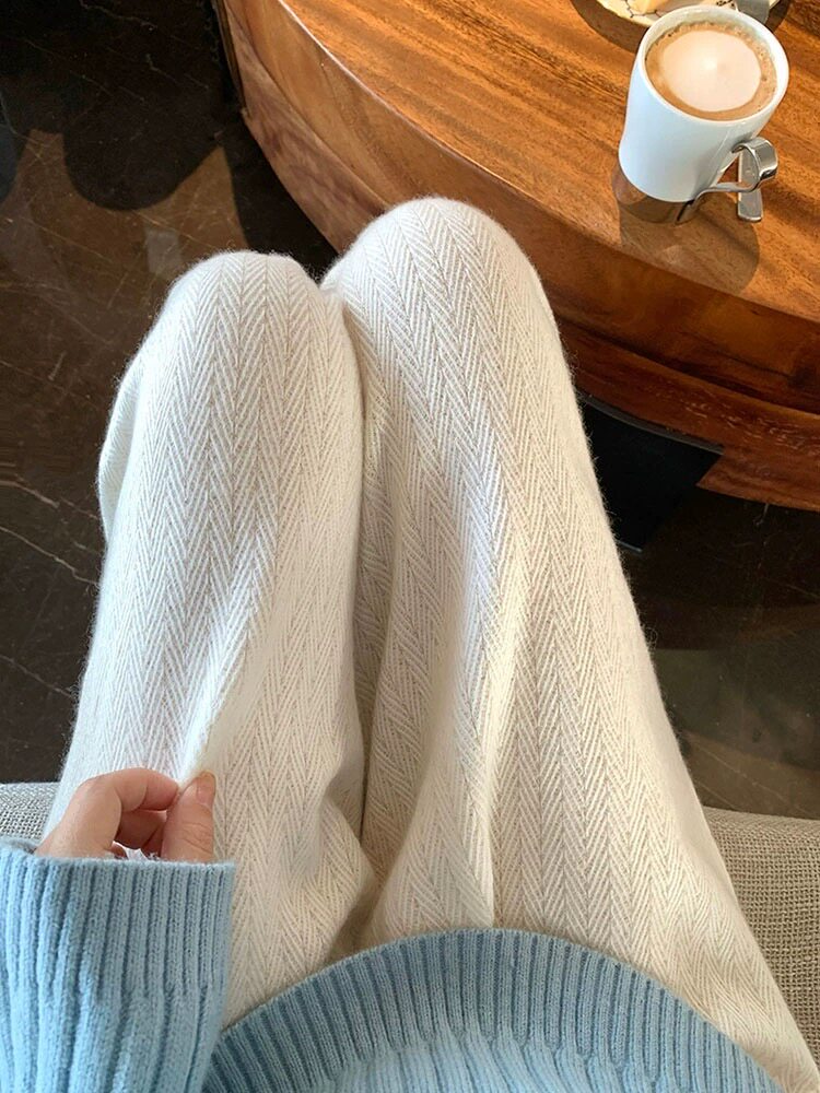 秋冬新款女时尚百搭显瘦纯色简约休闲裤高腰宽松直筒长裤舒适保暖,女装休闲裤,恩泰羊绒