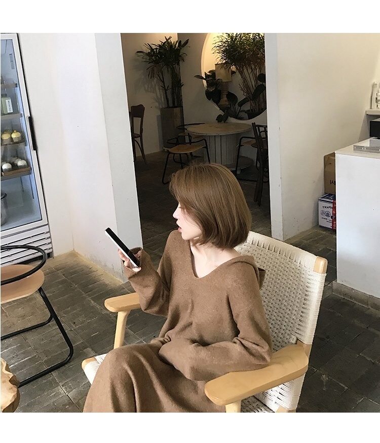 毛衣女秋冬2024秋冬款连帽洋气慵懒宽松软糯针织连衣裙,女装连衣裙,思途羊绒