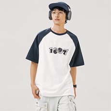 2025夏季新款男装日系潮牌拼接圆领宽松短袖休闲T恤半袖T908-F44，男装T恤，电商A101（原外27）