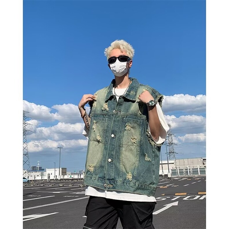 美式高街水洗破洞牛仔马甲男生夏潮流毛边工装无袖坎肩MJ605P55,男装工装外套,星座1013-5