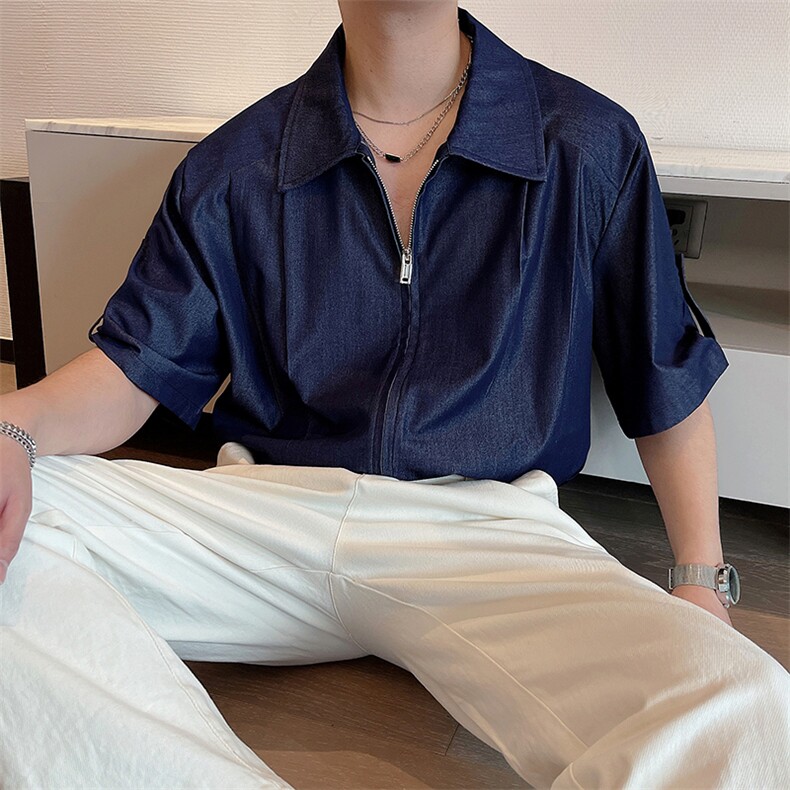 夏季新款垂感天丝牛仔短袖衬衫男宽松痞帅拉链半袖衬衣CS872-P68图片