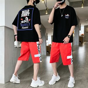 短袖男t恤一套装日系半袖男装帅气搭配潮牌短裤潮两件套DS773T图片