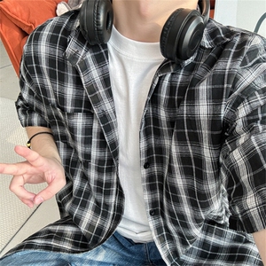 短袖衬衫男韩版休闲小众格子衬衣夏季时尚百搭外套907特价35图片