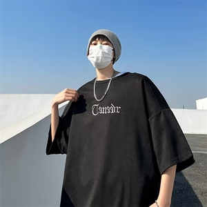 夏季新款宽松男五分袖短袖男潮牌港风刺绣圆领上衣服T012-P30图片