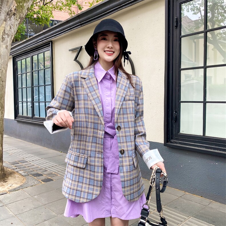 现货已出不断货2021新款英伦风韩版格子西装166-XZ03P95控145,女装西装,茜茜公主