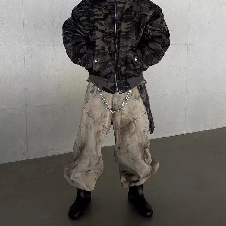 美式复古黄泥染重工脏洗阔腿牛仔裤男女无性别水洗做旧宽松弯刀裤图片