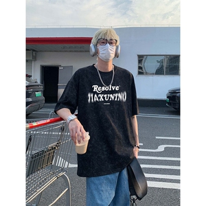 美式重磅做旧印花短袖t恤圆领宽松半袖情侣上衣T3661-特价P28图片