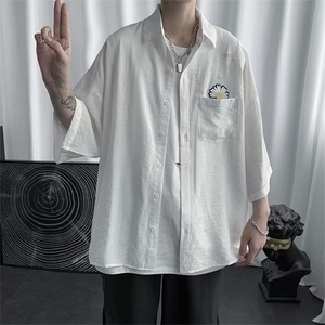 夏季ins港风七分袖小雏菊短袖衬衫男百搭宽松bf休闲衬衣3302-p28图片