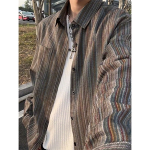 美式复古条纹长袖衬衫男宽松日常百搭休闲翻领外套C2272-特价P37图片