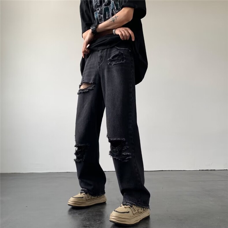 水洗黑色膝盖破洞牛仔裤男夏款美式直筒阔腿乞丐裤1001-1X841-P45,男装牛仔裤,星座1001-1