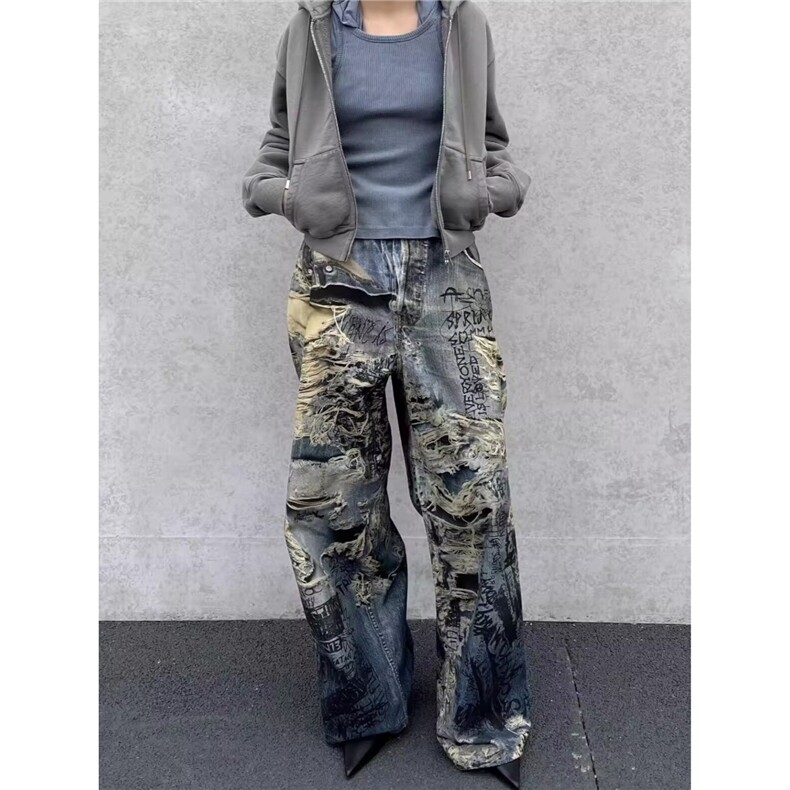 美式复古做旧破洞裤男阔腿裤脏染泼墨涂鸦牛仔长裤新款无品牌原宿，男装休闲裤，星座506A