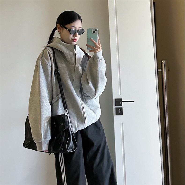 抖音得物高品质秋冬美式高街重磅结构辑明线纹理连帽卫衣外套W111,男装卫衣,电商A486