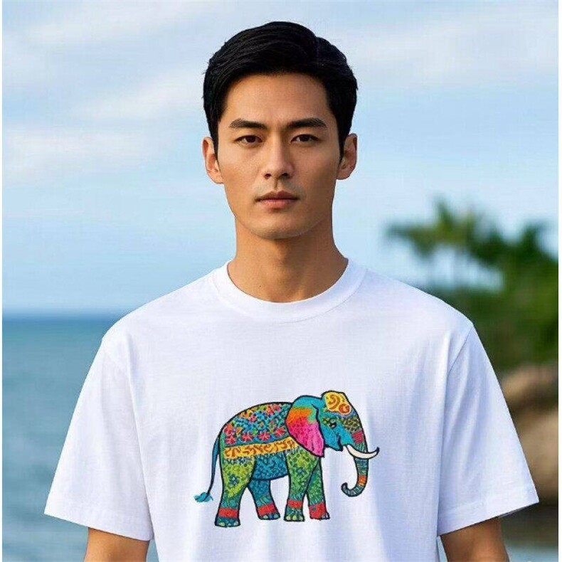 2025新款纯棉T恤南亚风情大象吉祥图案休闲户外旅行佳品，男装T恤，星座1407
