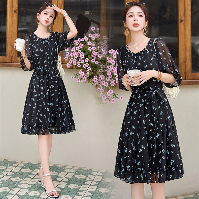 高级感碎花连衣裙女2025夏季新薄款小个子收腰显瘦十三行法式裙子，女装连衣裙，恋慕依尚