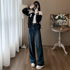 复古时尚休闲运动棒球套装女春季黑白拼接夹克阔腿牛仔裤两件套潮，女装套装/套裙，江南