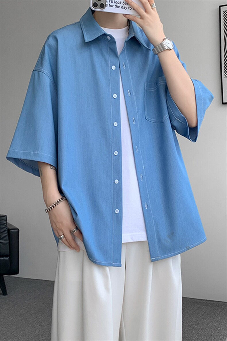 8XL-M冰丝牛仔短袖衬衫男款夏季薄款宽松慵懒衬衣外套DC28006P60,男装T恤,电商B312