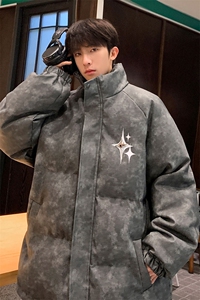 港风PU皮复古做旧可拆卸四芒星胸针设计棉衣男MY77721P128控168图片