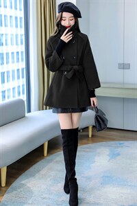 现货2021年冬季双排扣中长款立领九分袖纯色简约时尚减零呢子大衣图片