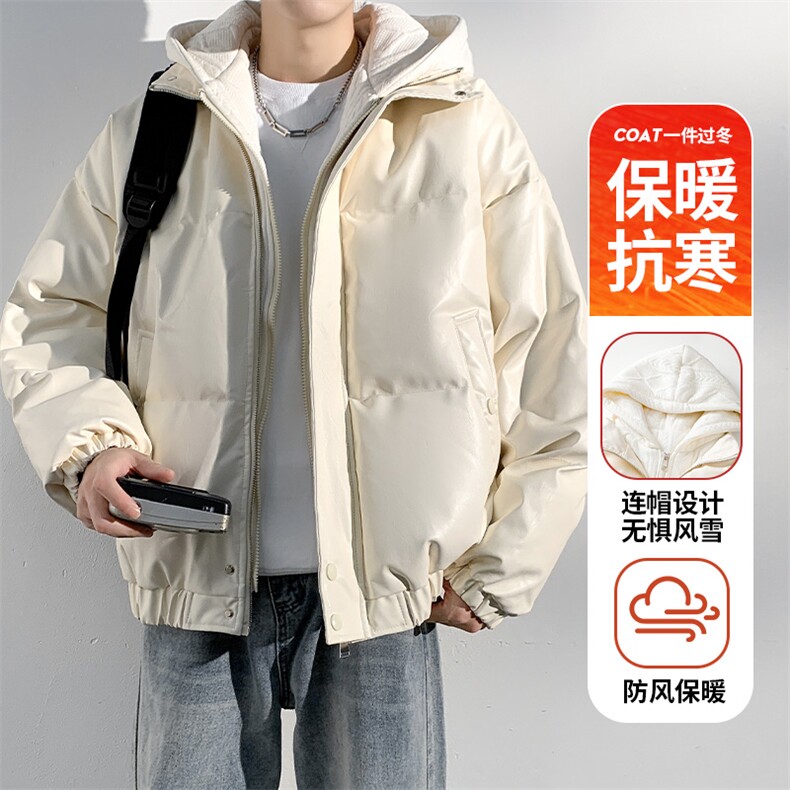 现货 假两件pu皮衣棉服外套男冬季新款加厚美式高街棉衣M106-P120图片