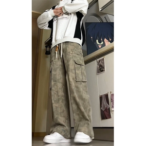 迷彩工装牛仔裤男美式抽绳宽松休闲长裤高街痞帅阔腿裤G350 p65图片
