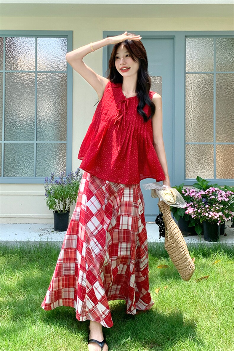 红色波点雪纺衬衫碎花半身裙套装女夏季2025新款时尚度假风两件套,女装套装/套裙,2C052