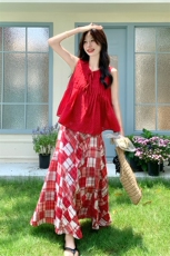 红色波点雪纺衬衫碎花半身裙套装女夏季2025新款时尚度假风两件套，女装套装/套裙，2C052