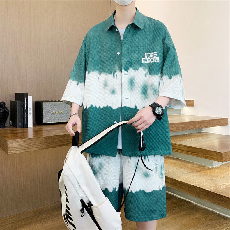 夏季港风衬衫渐变短袖套装青少年韩版时尚潮流裤子衬衫男两件套,男装T恤,星座1206（原A206）
