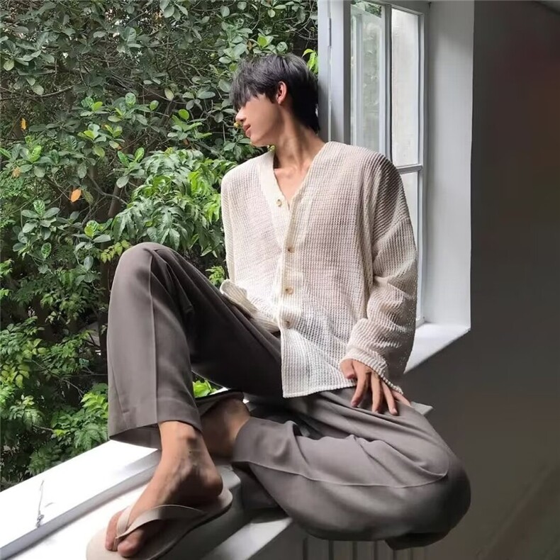 衬衣设计秋季衬衫奇趣宽松白色长袖情侣新款男小镂空鱼薄款,男装衬衫,星座218-1（原230）
