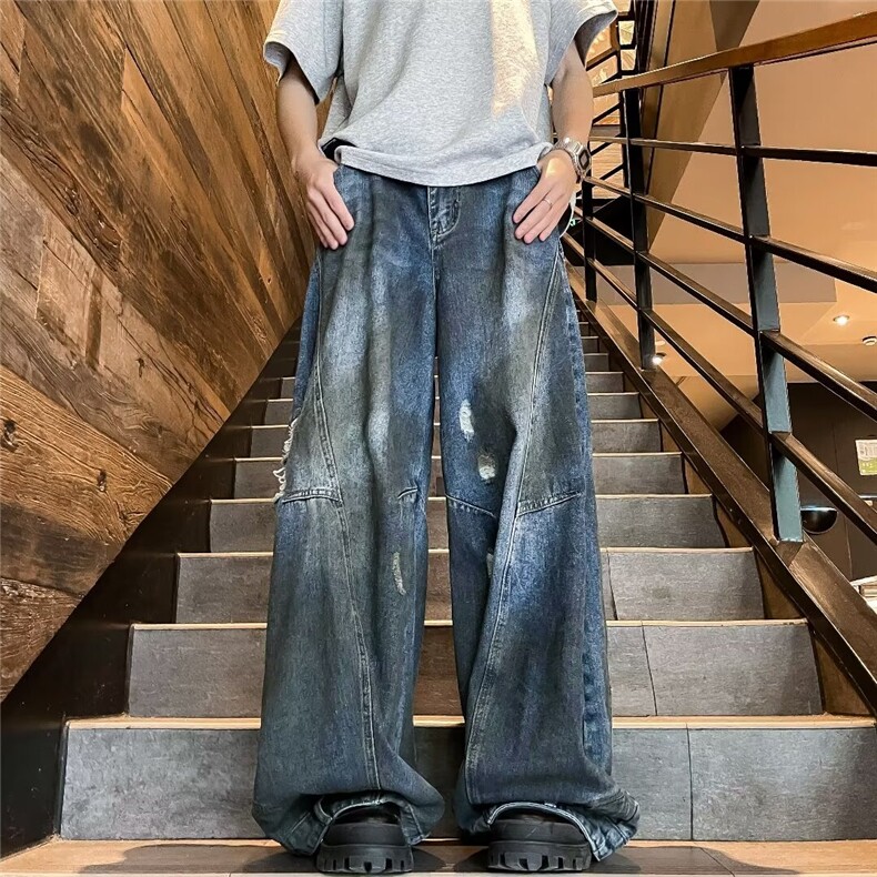 反穿美式高街阔腿牛仔裤男士韩版潮流2024夏季ins长裤RK1760-P65,男装牛仔裤,星座412-3