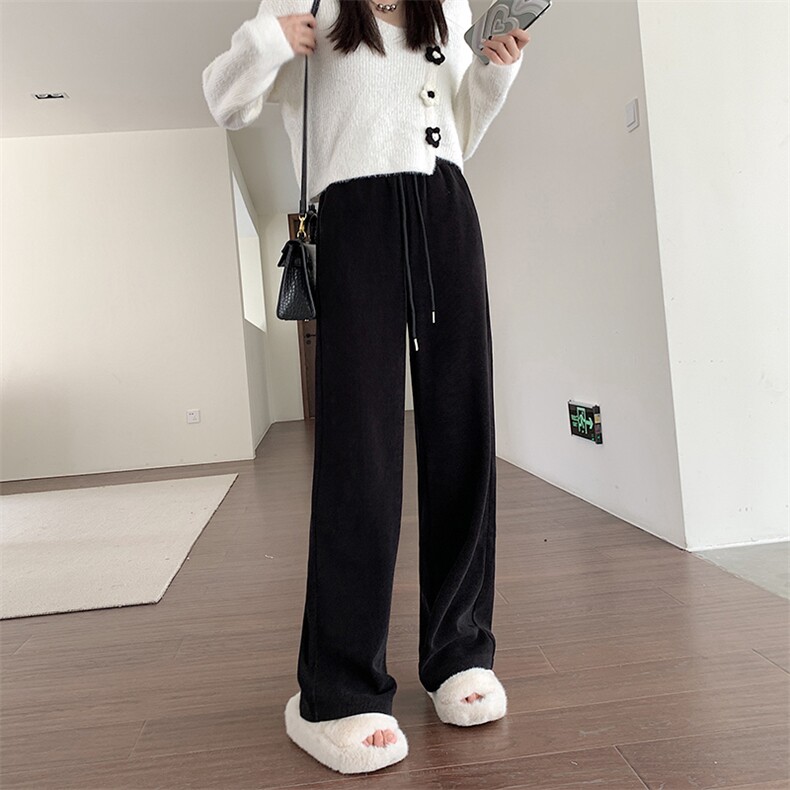 粉色阔腿裤女2022秋冬高腰垂感加厚休闲宽松直筒灯芯绒欧棉绒裤子,女装休闲裤,梦白服饰厂