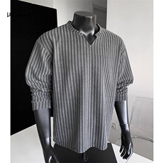 美式高街千鸟格子长袖T恤男女亨利V领英伦雅痞休闲宽松长袖打底衫，男装T恤，电商A443