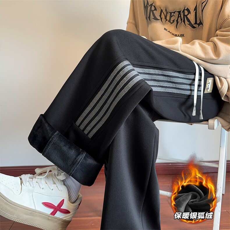 冬季条纹阔腿裤男士大码保暖银狐绒贴标卫裤K1974J加绒-特P35控58,男装休闲裤,电商A001