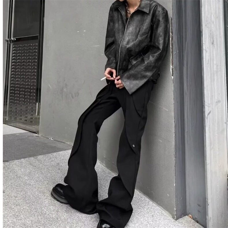 美式解构小众设计高级感微喇叭西裤男高街修身重磅垂感休闲裤长裤,男装休闲裤,星座506A
