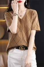 夏季新款纯棉短袖开衫女宽松V领镂空T恤百搭显瘦针织棉麻半袖上衣，女装针织衫/毛衣，斯美雅电商供货