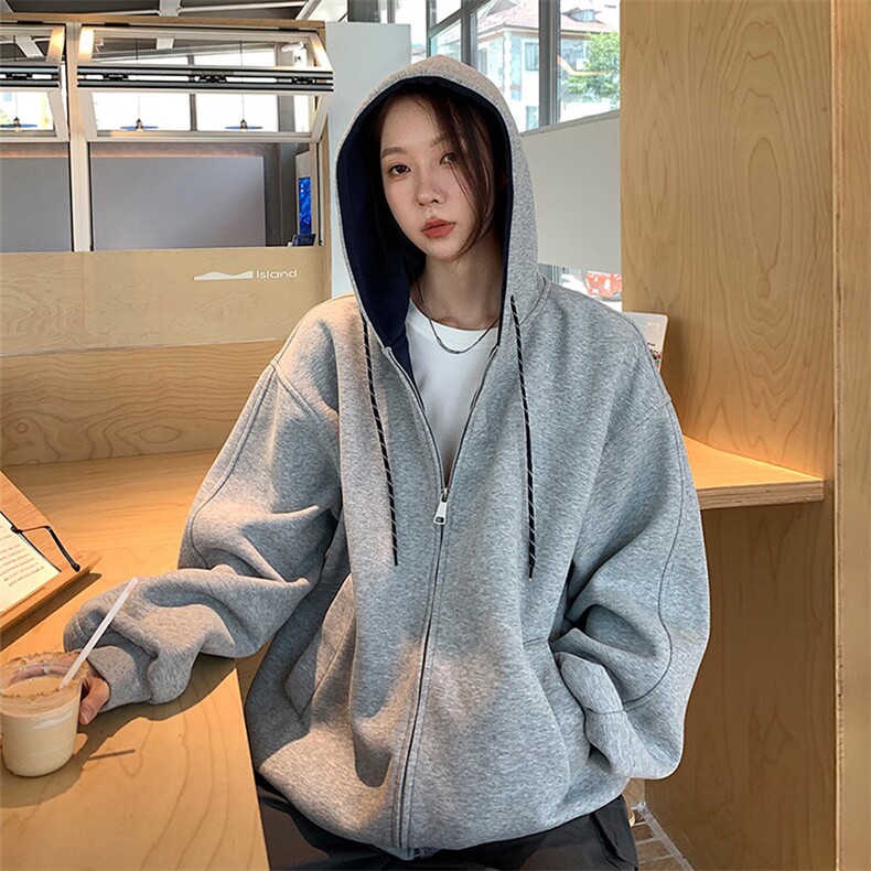 抖音得物二开美式高街重磅结构双层撞色连帽卫衣开衫外套W116,女装短外套,电商A486-1